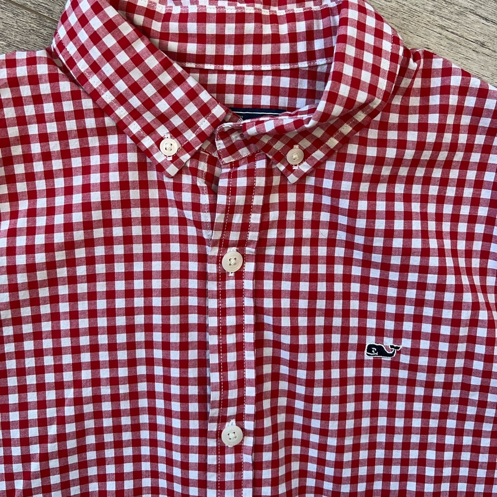 Vineyard Vines Boys Oxford Whale Shirt Red & White Gingham Size: Large